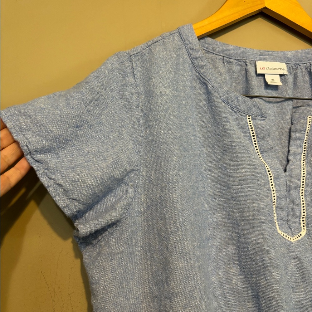 LIZ CLAIBORNE Linen Blend Denim Blue V-Neck Dress, w/Neck Embellishment - Picture 3 of 7